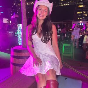 White Lace Dress with Red Boots